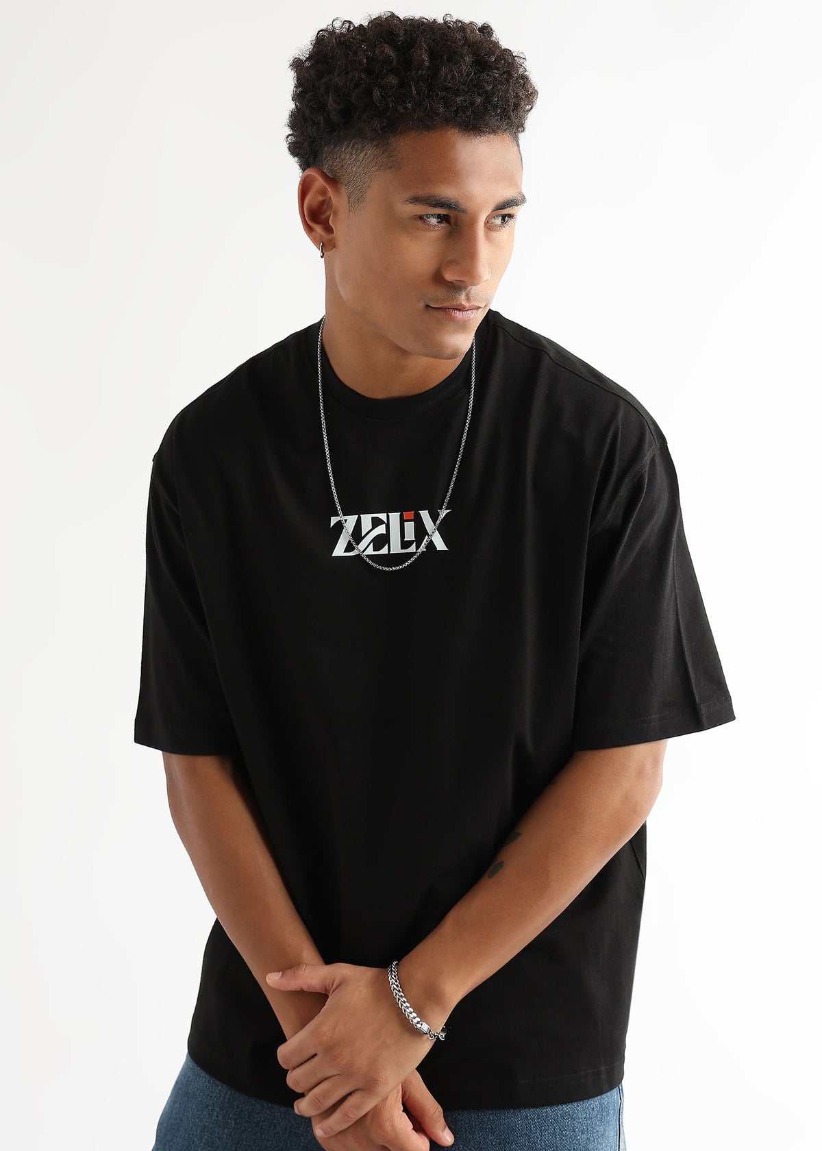 Drop shoulder relaxed fit black slogan tee