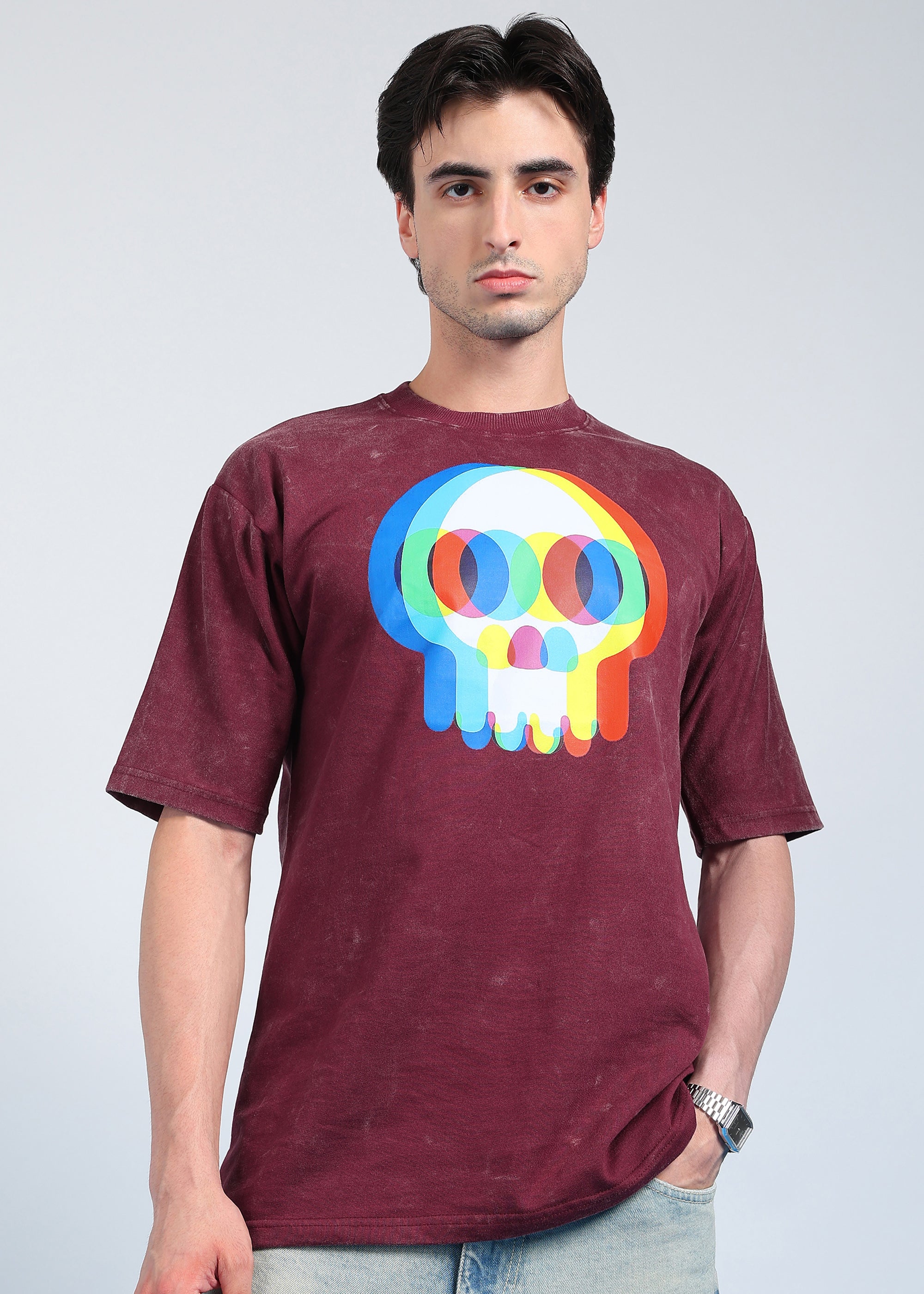 Glitch Skull Acid Wash T-Shirt Maroon